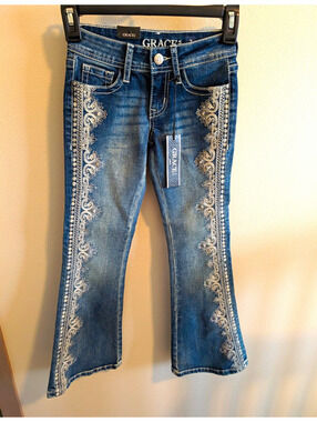 Grace in LA Gigi Girls 7 Blue Medium Wash Flare Denim Jeans Embroidered Western